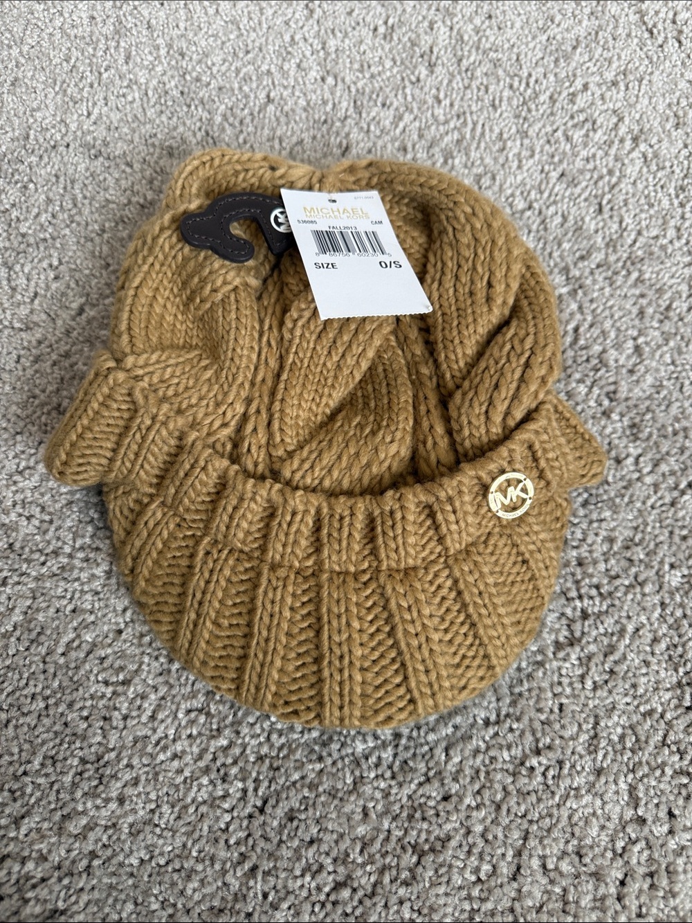 Michael Kors Kids Mustard Rib Knit Visor Beanie with Gold MK Accent